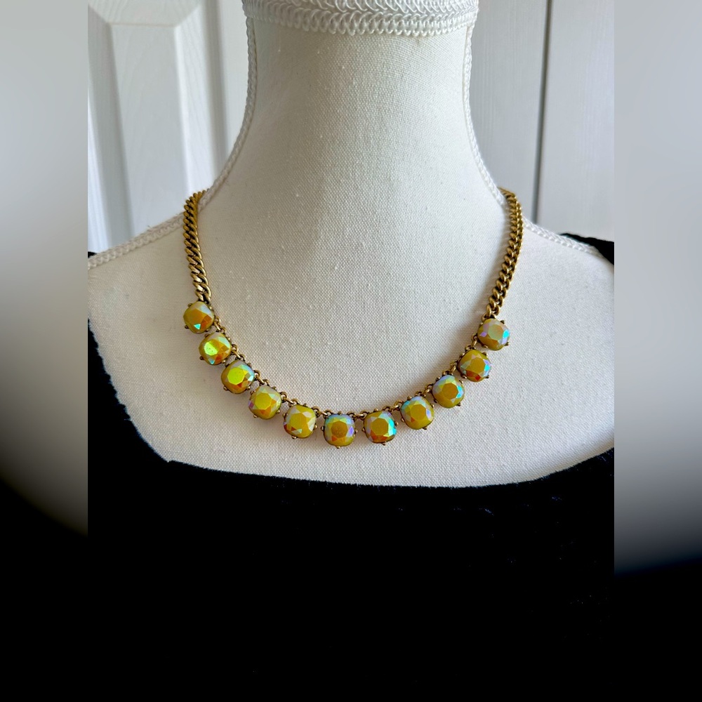 J. Crew Yellow Crystal Gold Tone Chain Necklace Iridescent STATEMENT RARE COLOR